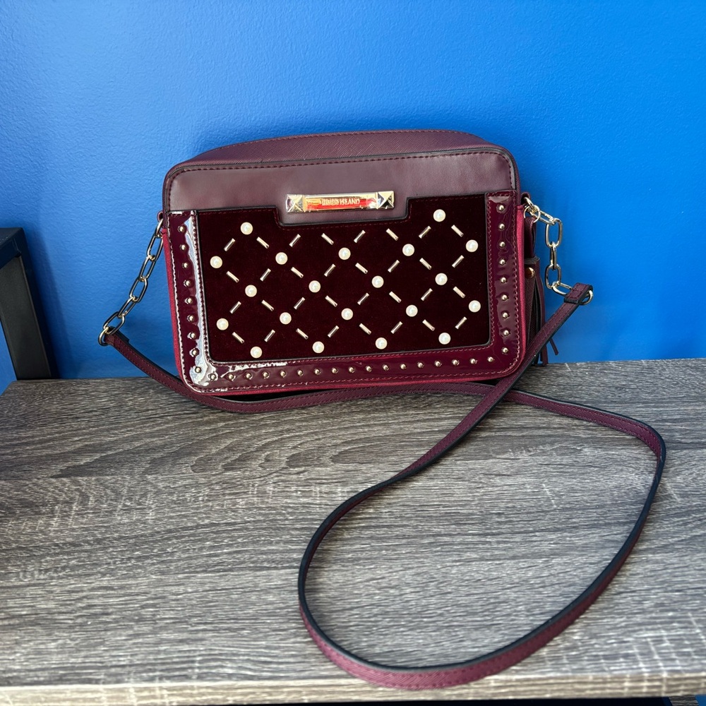 {River Island} gold studded pearl detail maroon purse